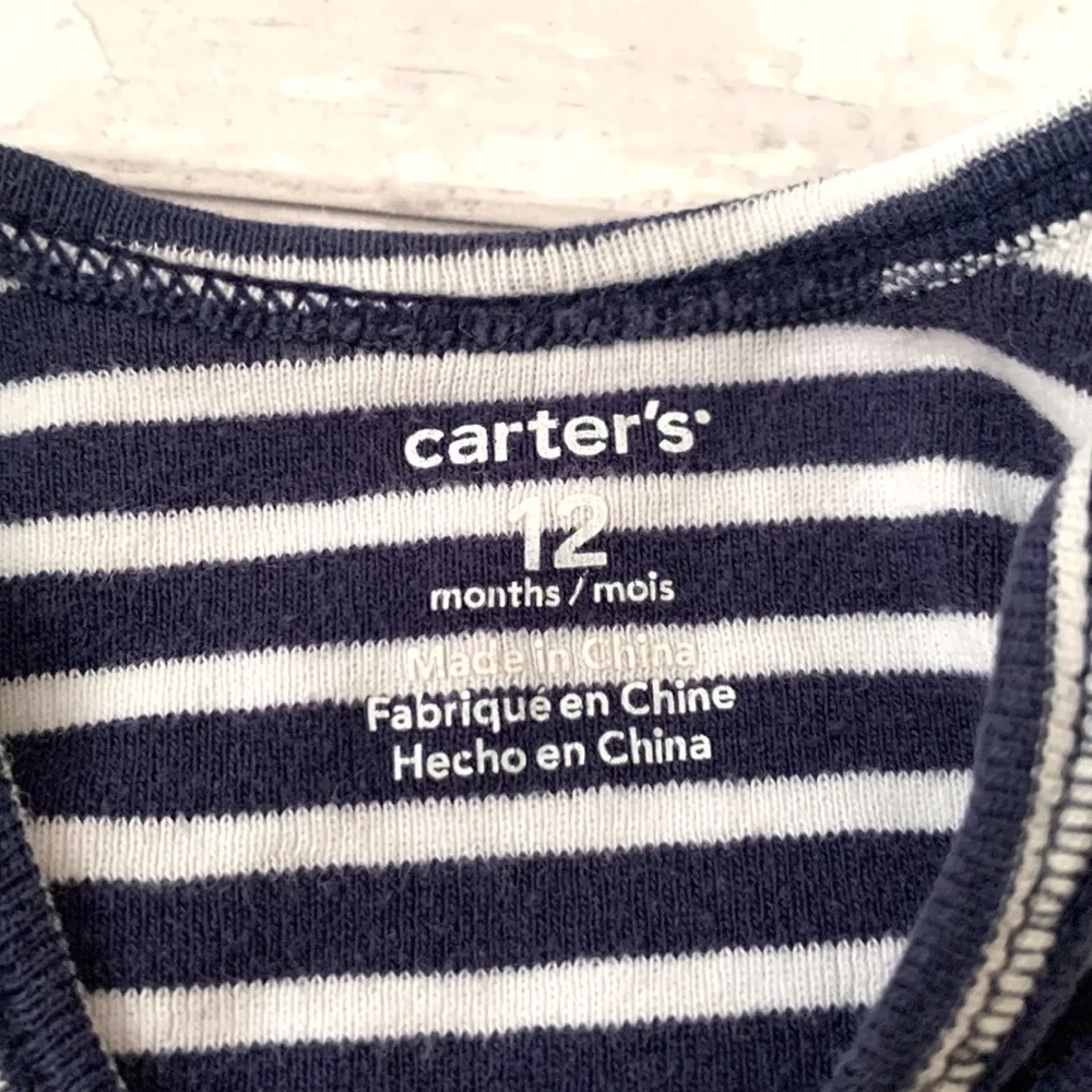 Carters 12m Baby Outfit Navy Blue Stripes Onesie Red Pants Sweatpants Kids Set